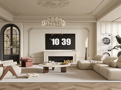 Elegant Living Room Interior With Ornate Chandelier TV Fireplace Beige Sofa Coffee Table And Rug 3d model