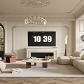 Elegant Living Room Interior With Ornate Chandelier TV Fireplace Beige Sofa Coffee Table And Rug