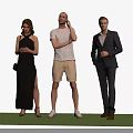 Three People Standing on Green Grass with Different Outfits and Poses