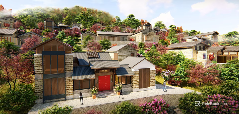 Traditional Village Architectural Design With Stone Houses Greenery And People Walking 3d model 