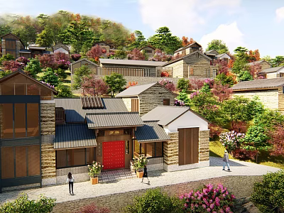 Traditional Village Architectural Design With Stone Houses Greenery And People Walking 3d model