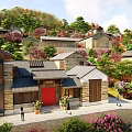 Traditional Village Architectural Design With Stone Houses Greenery And People Walking