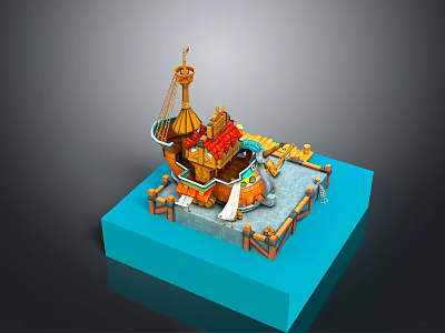 Ornate Decorative Ship Model Scene With Golden Mast Deck And Blue Platform 3d model