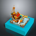 Ornate Decorative Ship Model Scene With Golden Mast Deck And Blue Platform