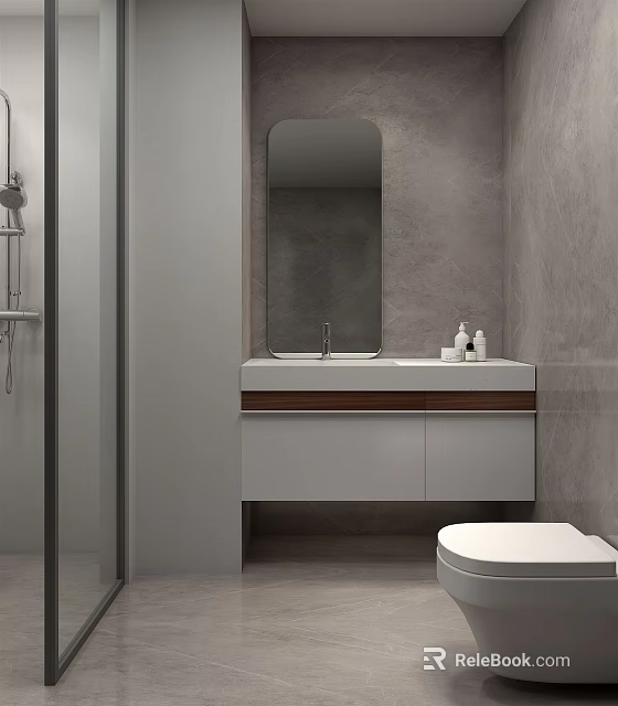 Modern Bathroom Interior With Vanity Mirror Cabinets Toilet And Glass Shower 3d model 
