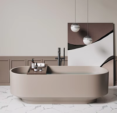 Modern Bathtub In Elegant Bathroom With Art Lights And Marble Floor 3d model