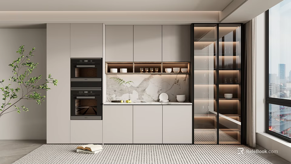Modern Wine Cabinet With Glass Doors And LED Lighting In Contemporary Kitchen Interior 3d model 