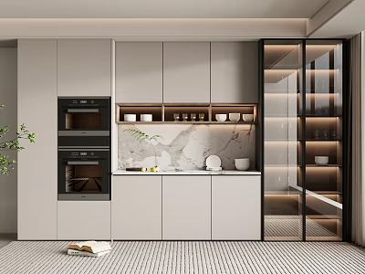 Modern Wine Cabinet With Glass Doors And LED Lighting In Contemporary Kitchen Interior 3d model