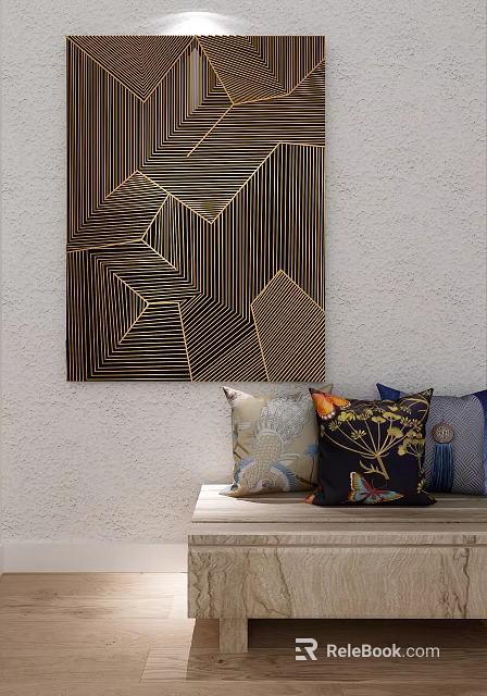 Gold Geometric Pattern Wall Art With Light Colored Wall And Decorative Throw Pillows 3d model