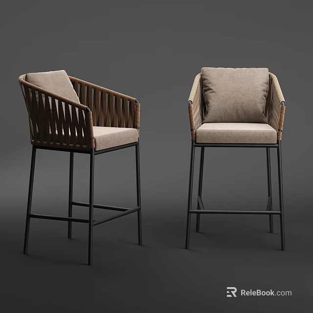 Modern Wicker Bar Stools With Upholstered Cushion And Metal Legs Design 3d model 