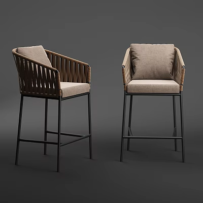 Modern Wicker Bar Stools With Upholstered Cushion And Metal Legs Design 3d model