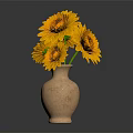 Terracotta Vase With Yellow And Orange Daisies On Black Surface With Dark Background Reflection