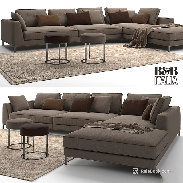 Modern Living Room With Brown L Shaped Sofa Round Stools Rug And Throw Blanket 3d model