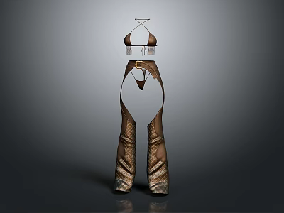 Woman Wearing Stylish Halter Top With High Waisted Snake Print Pants and Waist Embellishment Design 3d model