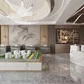Sales Office Interior With Building Model Large Screen And Elegant Chandelier Decor
