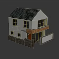 Two Story Residential Building with Green Tiled Roof White Walls Red Door and Stone Base