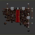 Medieval Entrance Scene With Wooden Door Iron Chains Red Carpet Stone Bricks And Barrels