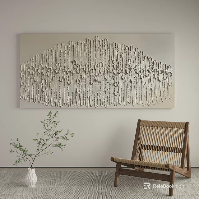 Abstract Textured Wall Art With Wooden Rattan Chair And Green Plant 3d model 