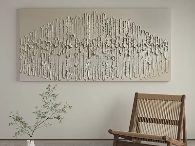 Abstract Textured Wall Art With Wooden Rattan Chair And Green Plant 3d model