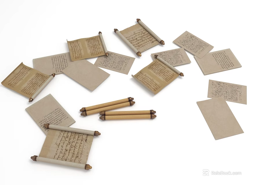 Ancient Scrolls and Papers with Handwritten Text on Vintage Paper Sheets 3d model 