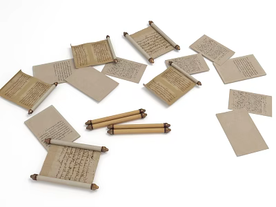 Ancient Scrolls and Papers with Handwritten Text on Vintage Paper Sheets 3d model