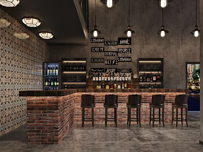 Industrial Bar Interior With Brick Wall Counter Stools Bottle Shelves And Pendant Lights 3d model