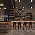 Industrial Bar Interior With Brick Wall Counter Stools Bottle Shelves And Pendant Lights