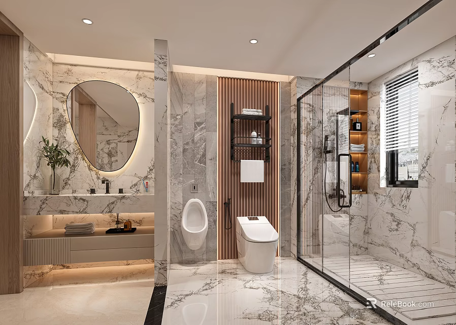 Modern Luxury Bathroom With Marble Walls Backlit Mirror And Glass Shower Enclosure 3d model 