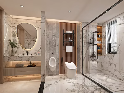 Modern Luxury Bathroom With Marble Walls Backlit Mirror And Glass Shower Enclosure 3d model