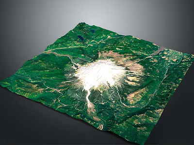 Scenic Green Mountainous Landscape 3D Terrain With Central White Volcanic Crater And Winding Rivers 3d model