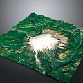 Scenic Green Mountainous Landscape 3D Terrain With Central White Volcanic Crater And Winding Rivers