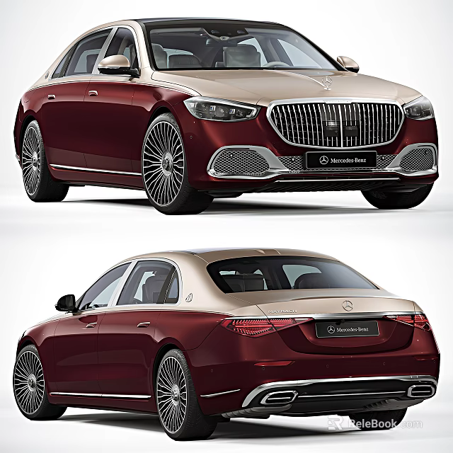 Mercedes-Maybach Luxury Sedan With Burgundy And Gold Exterior Front Grille Multi-Spoke Wheels Rear Emblem 3d model 
