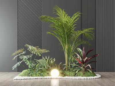 Modern Interior Green Plant Arrangement With Palm Ferns Pebble Border And Small Light 3d model