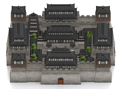 Ancient Chinese Architecture Traditional Courtyard With Enclosed City Walls Black Tiled Roofs And Wooden Structures 3d model