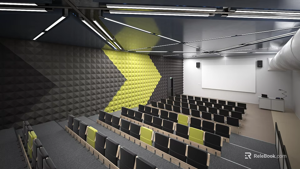 Modern Conference Room With Arranged Seats Yellow Wall Decor And Projection Screen 3d model 