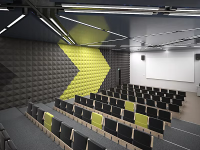 Modern Conference Room With Arranged Seats Yellow Wall Decor And Projection Screen 3d model