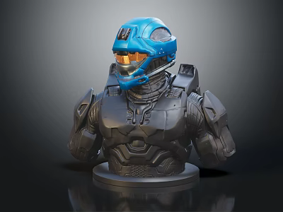 Game Movie Character 3D Model Bust With Blue Helmet Orange Visor And Gray Armor 3d model