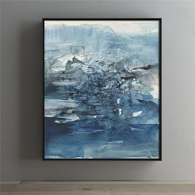 Abstract Painting In Blue And White Watercolor Style With Textured Layers For Wall Art 3d model
