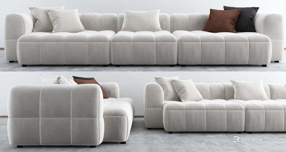 Modern Light Colored Sectional Sofa With Tufted Design And Plush Decorative Pillows 3d model 