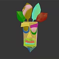Tribal Mask Character With Colorful Feather Decorations Orange Body Green Eyes And Sharp Teeth
