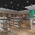 Modern Specialty Store Interior Featuring Shelves Products Cashier Counter Wooden Flooring And Black Ceiling