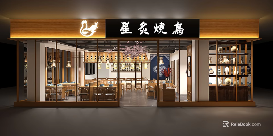 Japanese Yakitori Restaurant With Wooden Facade And Cherry Blossom Interior Dining Area 3d model 