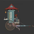 Traditional Green Mobile Vendor Cart With Red Canopy And Wooden Spoked Wheels