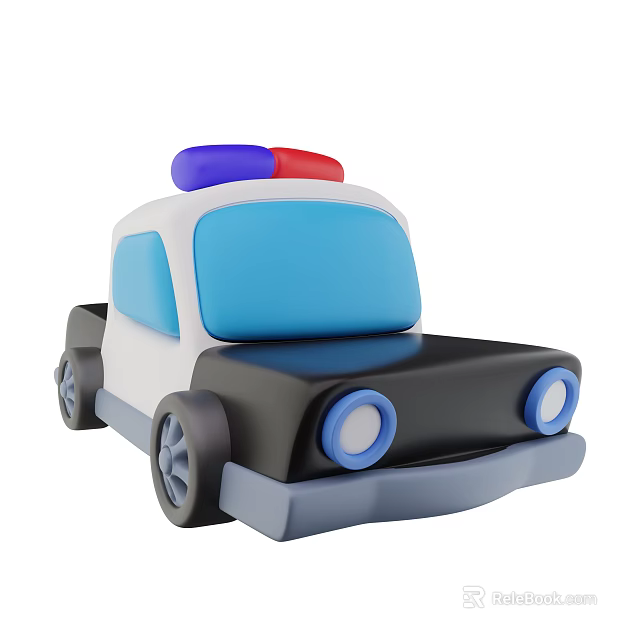 3D Cartoon Style Police Car With Blue Red Siren Light White Black Body And Blue Headlights 3d model 