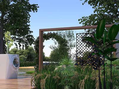Beautiful Lush Outdoor Garden Landscape With Wooden Arch And Greenery Under Clear Bright Blue Sky 3d model