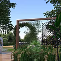 Beautiful Lush Outdoor Garden Landscape With Wooden Arch And Greenery Under Clear Bright Blue Sky