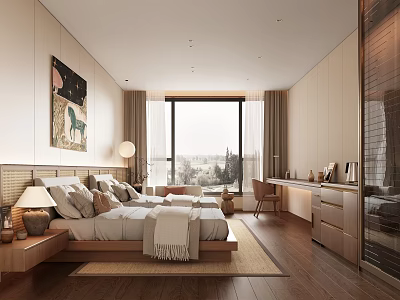 Modern Minimalist Bedroom Interior Design With Wooden Bed Large Window And Storage Cabinets 3d model