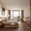 Modern Minimalist Bedroom Interior Design With Wooden Bed Large Window And Storage Cabinets