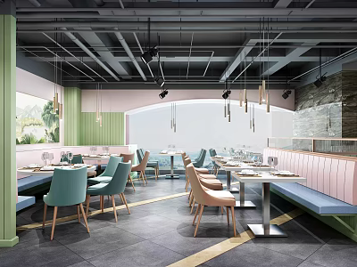 Stylish Modern Restaurant Interior With Green Walls Pink Booth Seating Blue Beige Chairs Tables And Pendant Lights 3d model
