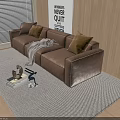 Beige Sectional Leather Sofa With Pillows Throw Blanket Area Rug And Window Blinds 3d model